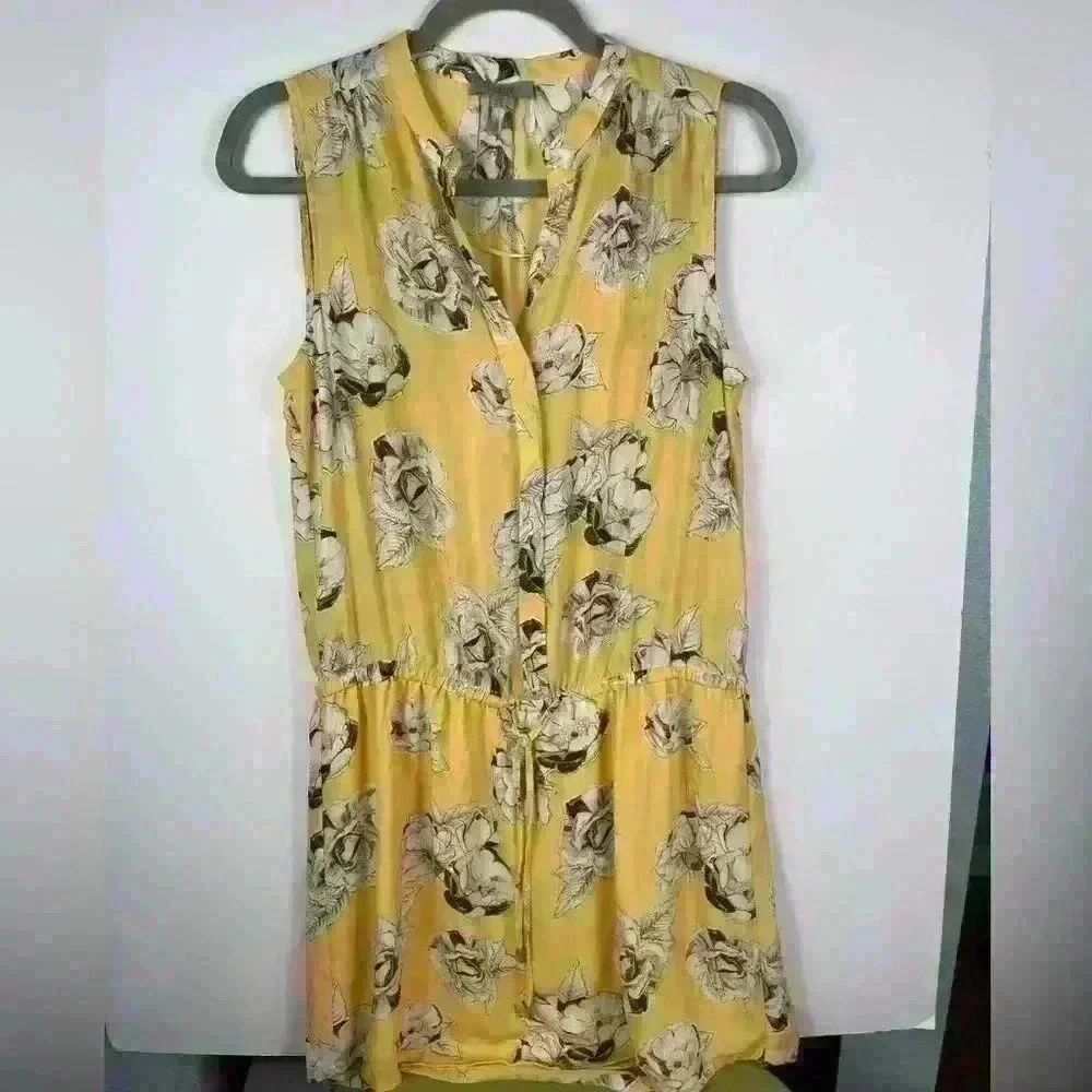 Dalia Yellow Floral Sleeveless Shorts Romper Button neck Womens 6 - Picture 1 of 6
